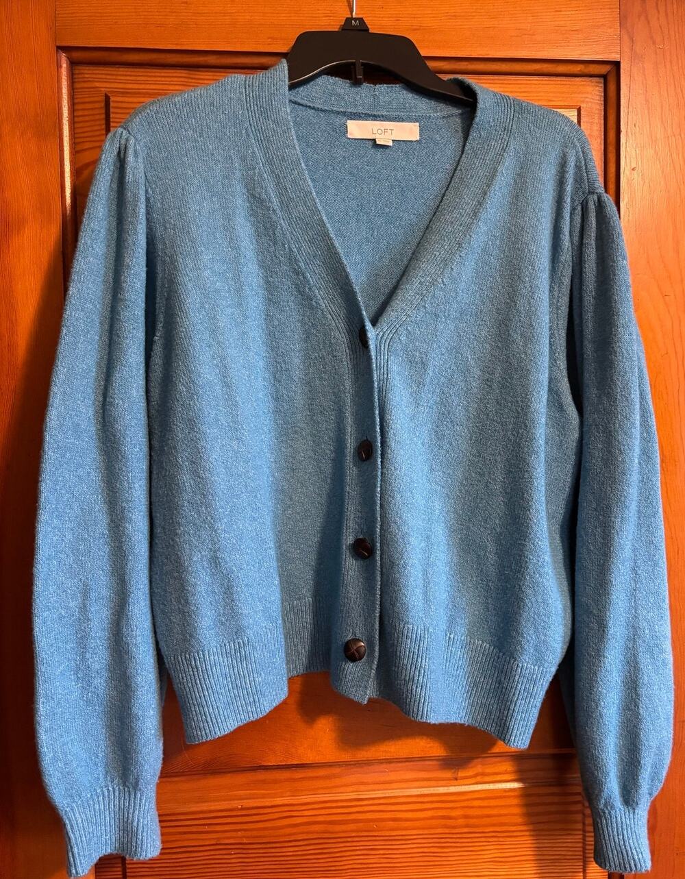 LOFT blue pleated shoulder v-neck cardigan sweater XL